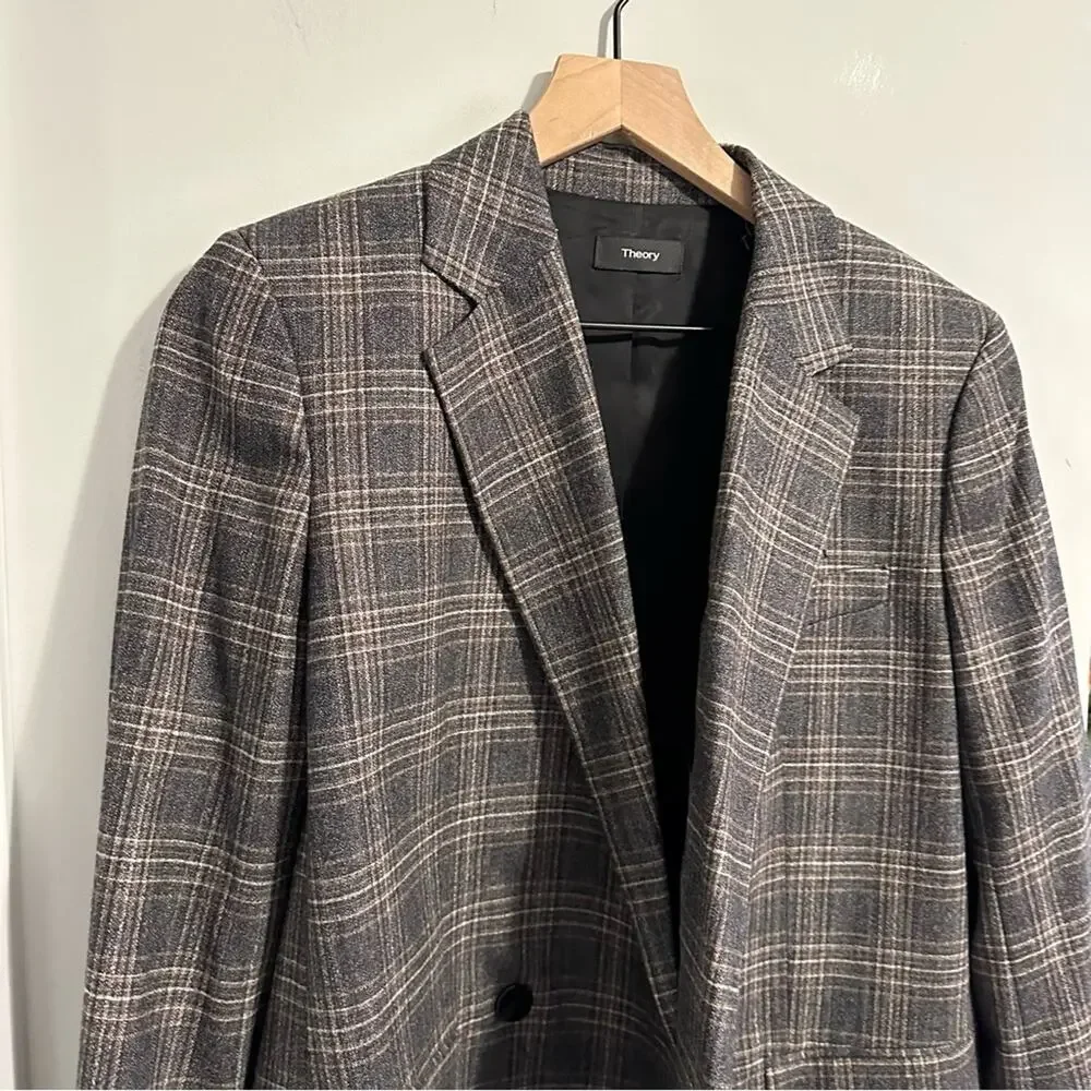 Theory Gray Plaid Wool Double Breasted Blazer Jacket 8